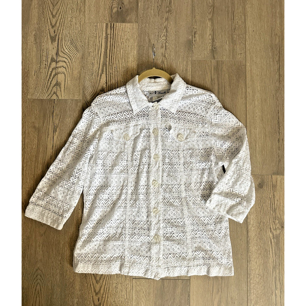 Vintage N Touch White Lace Button-Front Blouse Sheer Boho Cottagecore Size L
